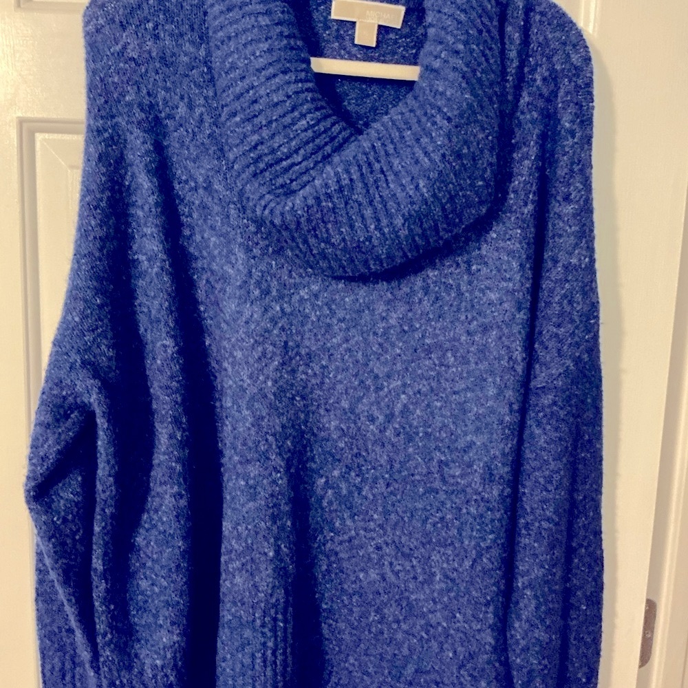 Michael Kors Blue & White Donegal Cowl Neck Tunic Sweater, Size XL